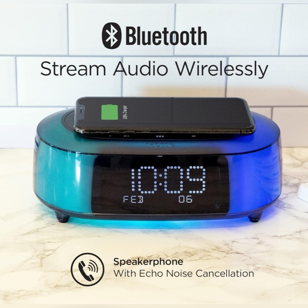 iHome Wireless Charging Bluetooth Color Changing Alarm Clock Speaker with USB